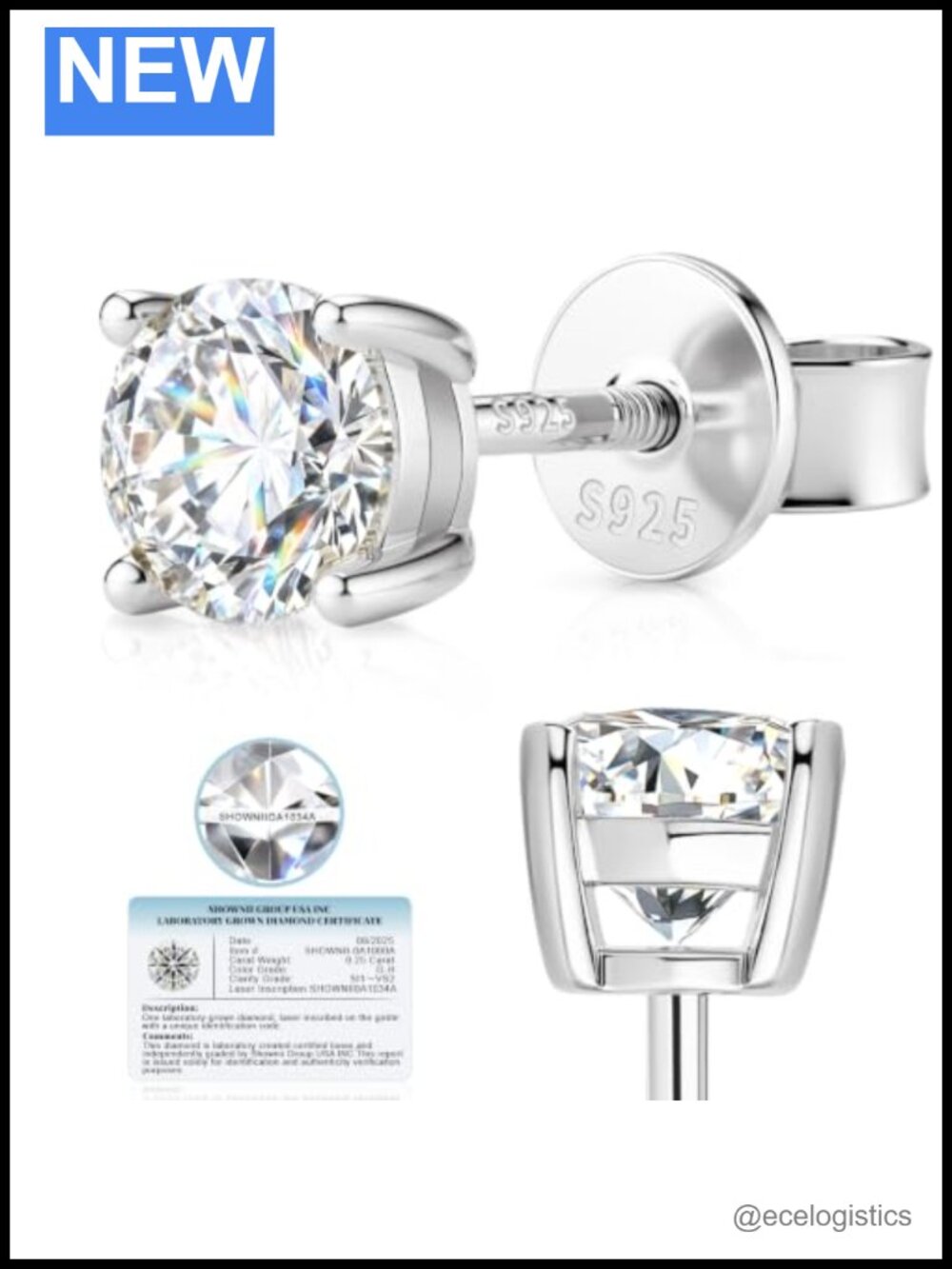 Lab Grown Diamond Stud Earrings 0.5CT Screw Back 14K Gold Plated S925 Silver
